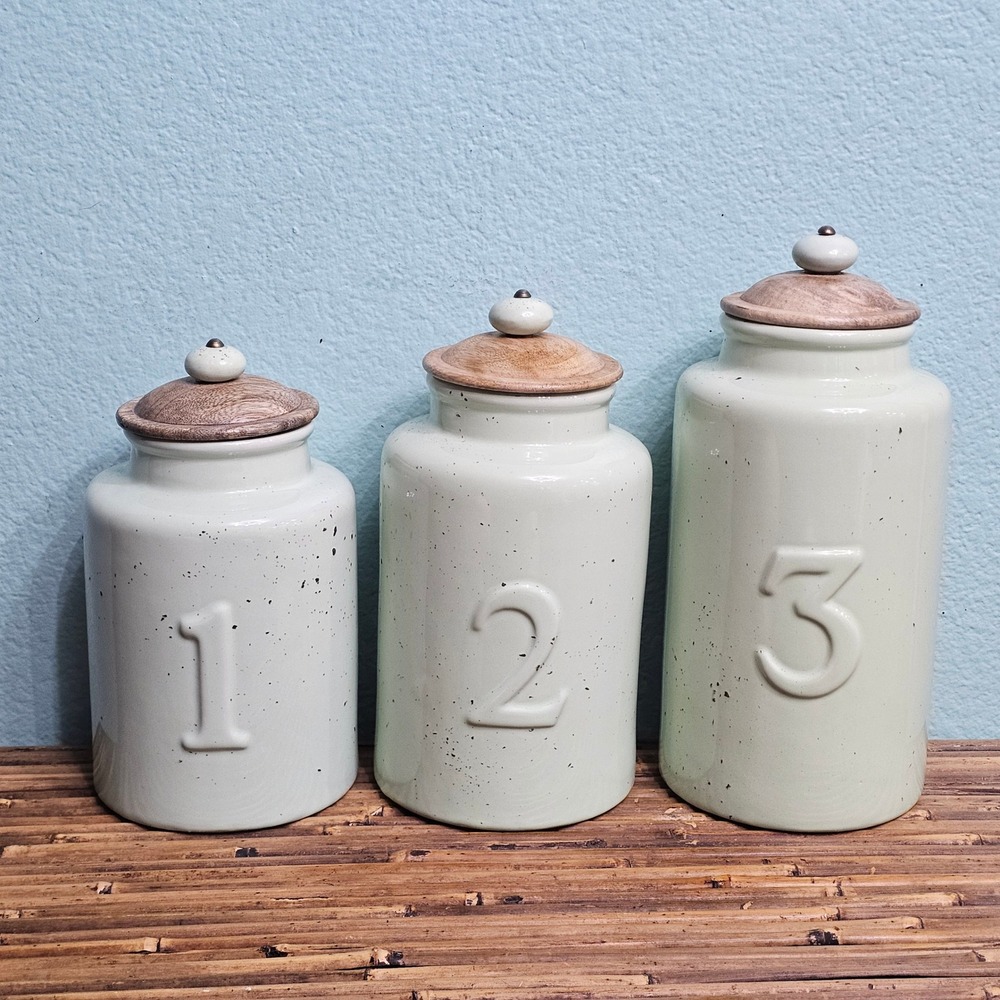 Pier 1 Imports Mint Green Speckled Ceramic Canister Set Wood Lids Farmhouse